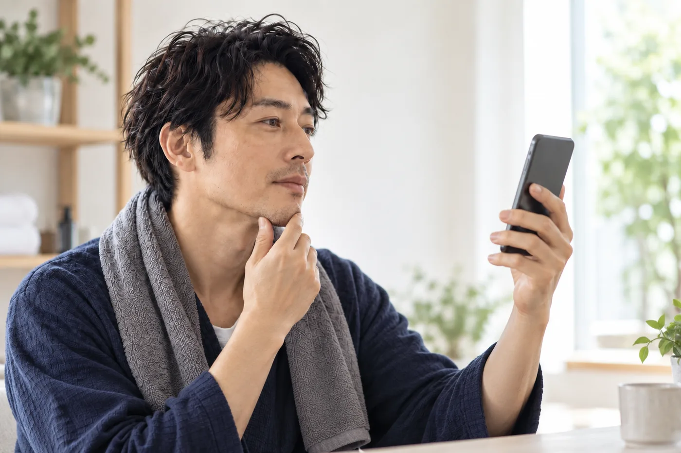 スマートフォンの写真で顔の見え方を確認する男性