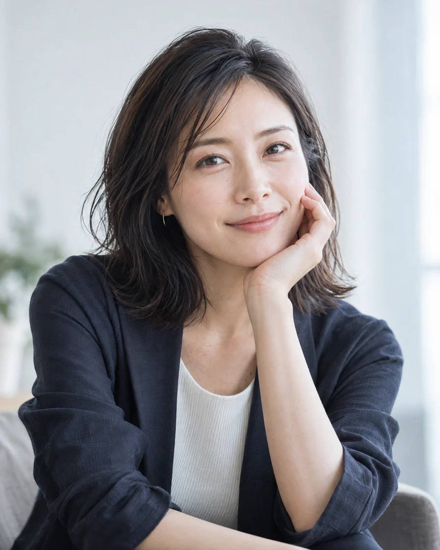 鼻モテのナビゲーター、ハナ。ネイビーのジャケットを着た28歳設定の日本人女性